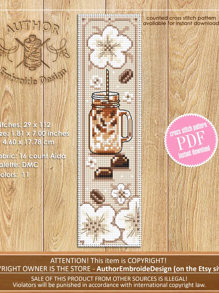 Coffee bookmark cross stitch pattern PDF download Coffee cross stitch chart, Bookmark pattern digital PDF, Iced coffee jar #B380