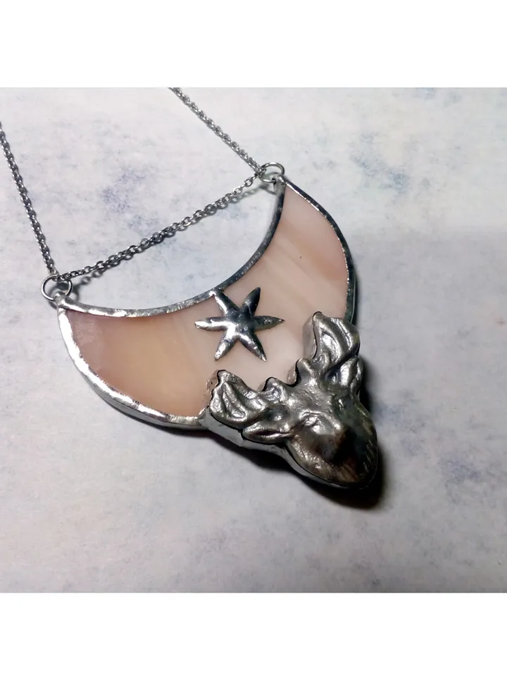 Deer antler jewelry, Deer head necklace, Yule jewelry, Christmas deer, Moon crescent deer, stag head pendant