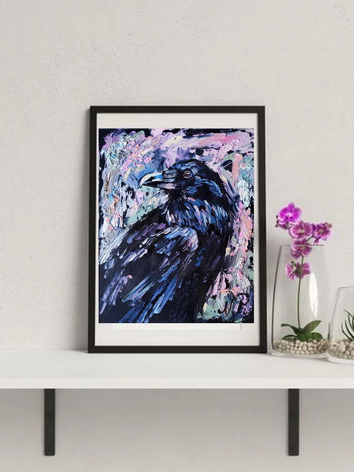 Raven Painting Bird original art 10 by 8 inches Black Crow Wall Art Crow artwork oil painting by Natalia Plotnikova