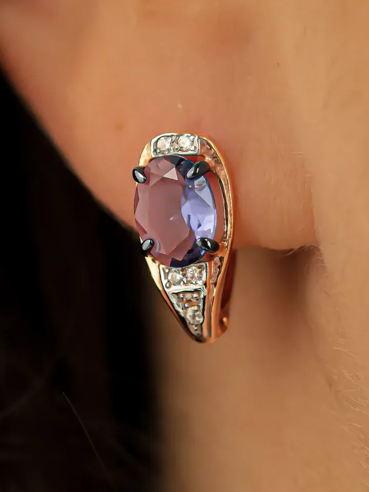 Earrings jewelry Silver gold plated 925 assay value with amethyst