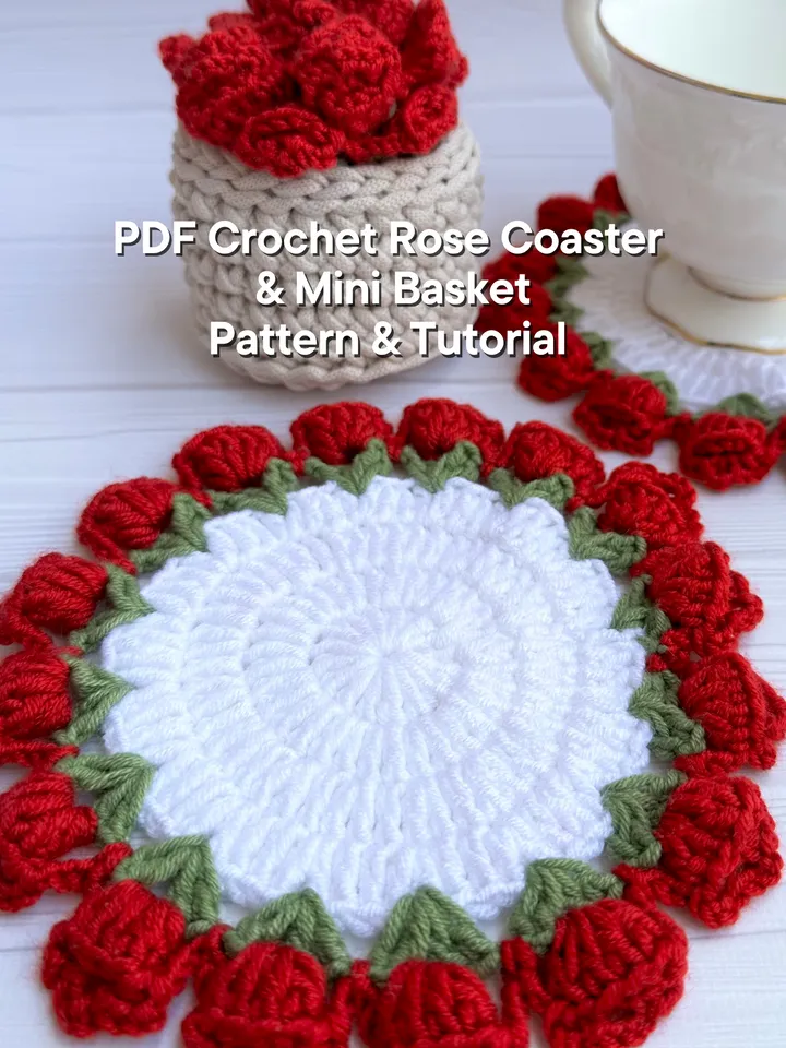 CROCHET ROSE Coaster pattern - Rose Flower Pot Coaster Set Crochet Pattern Flower Bouquet Plant Coasters Instant Digital Download PDF