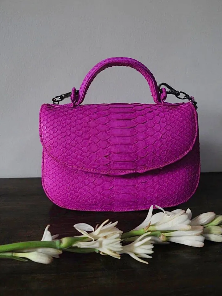 Genuine Python Skin Top Handle hot pink Crossbody Bag | Exotic Leather Bags | Snakeprint Bag | Handmade Designer Bag | Gift For Her