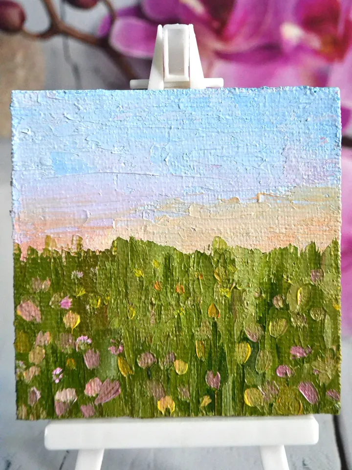 “Dawn” is a miniature oil painting on canvas stretched on cardboard.