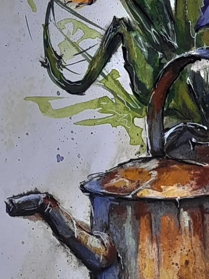 Watercolor painting Watering can with flowers 21x30 cm (8.3 х 11,7 inches)