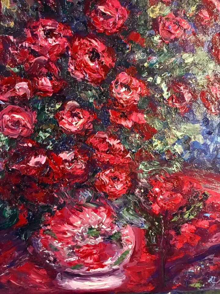 Red flowers in a vase,original oil heavy textured impasto painting on 3d canvas ,wall hanging,home decoration,gift.