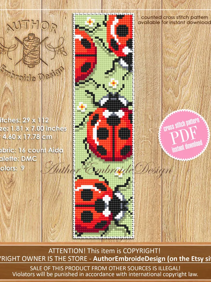Ladybug bookmark cross stitch pattern PDF download Red bug cross stitch chart, Cute bookmark pattern digital PDF, Ladybug ornament #B280