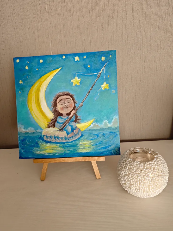 Girl Original Painting Funny Girl Art Doll Moon Original Artwork Funny Doll Wall Decor Cute Girl Original Art Girl Room Wall Decor Cartoon Girl Oil Painting 8 x 8 inches by OlgaSokolovaArt