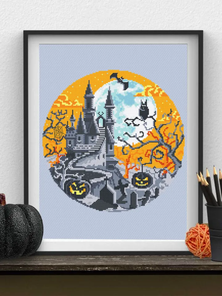 Halloween cross stitch pattern PDF download Spooky haunted house cross stitch chart, Halloween pattern digital PDF Happy Halloween night #H2