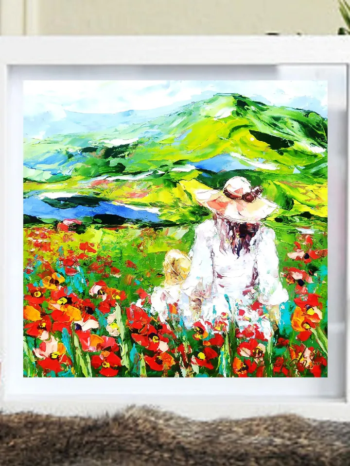 California Painting Poppy Original Art Oil Impasto Painting Red Flower Wall Art Girl Italy Small Art 8 х 8