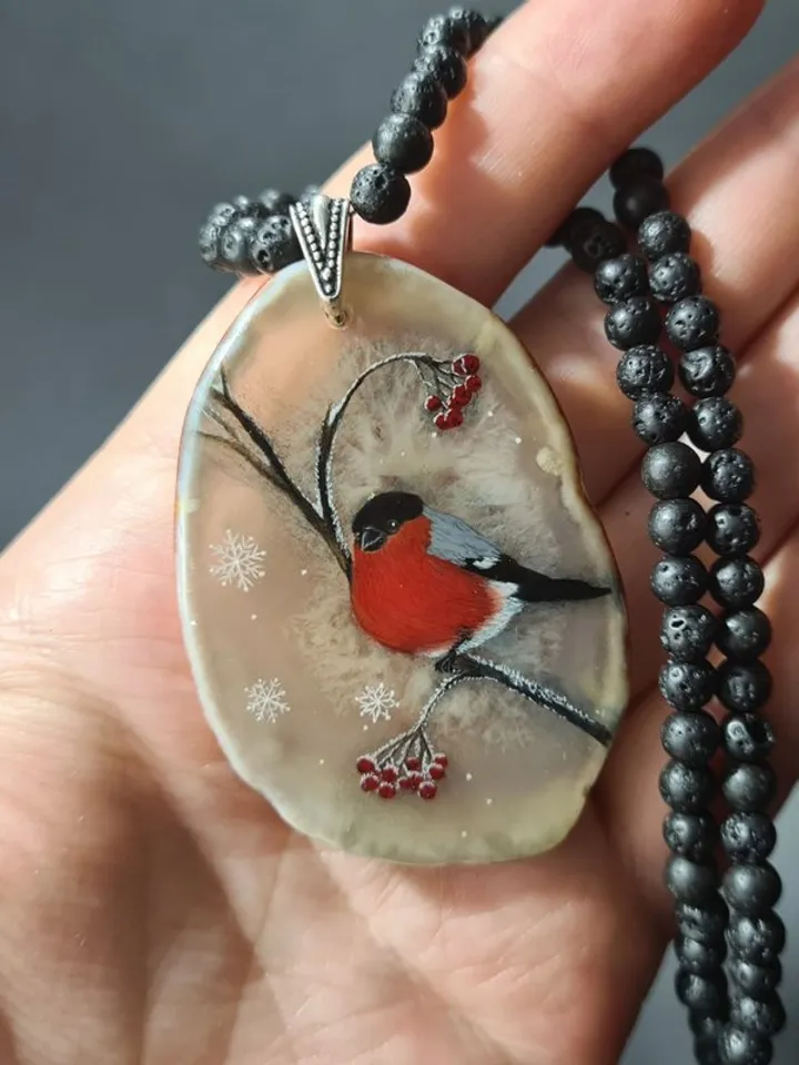 Bullfinch on a rowan branch necklace Hand painted Christmas Gift Wrapping