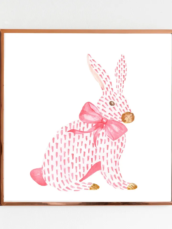 Pink Rabbit and Bow Painting, Watercolor Bunny Print, Pink Bow Art, Chinoiserie Wall Art, Nursery Wall Print, Girls Room Decor, Asian Print