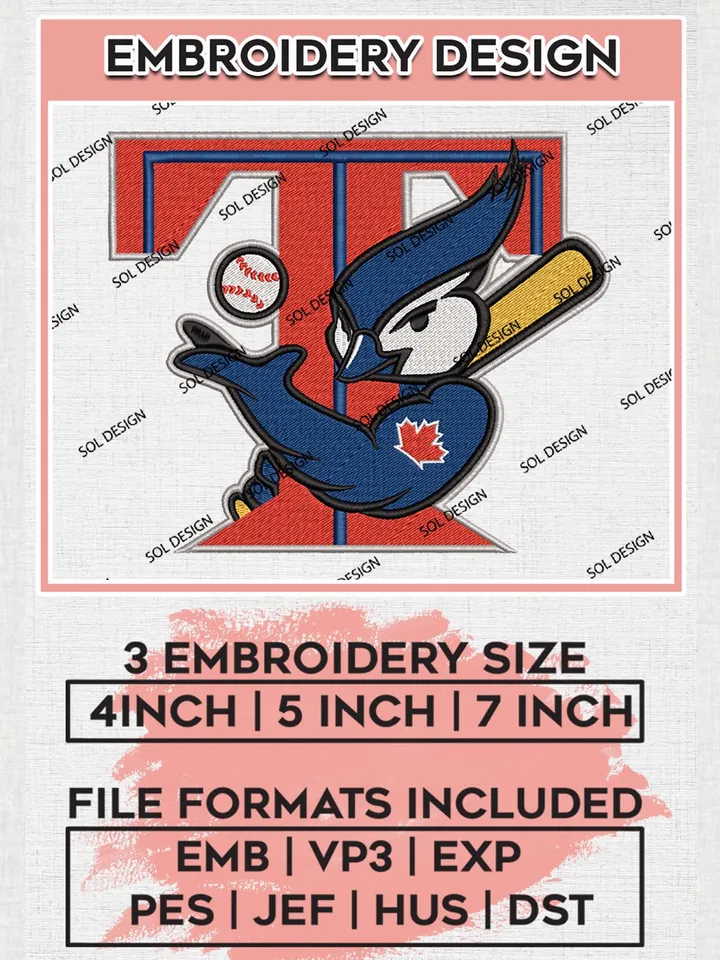MLB Blue Jays Machine Embroidery design Files, MLB Toronto Blue Jays Team Embroidery, MLB Teams, 3 sizes, MLB Machine embroidery designs, Digital Download