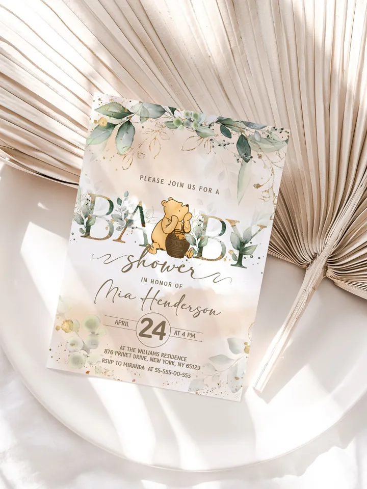 Classic Winnie Pooh Baby Shower Invitation; Neutral Baby Shower Template; Wizard Baby Shower Invite; Honey Bear Invite; Winnie Pooh wp4