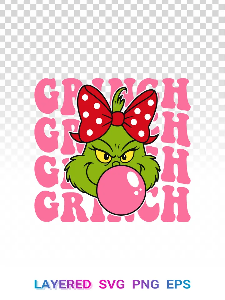 Grinch Girl PNG SVG, Bubble Gum Christmas Cricut Clipart