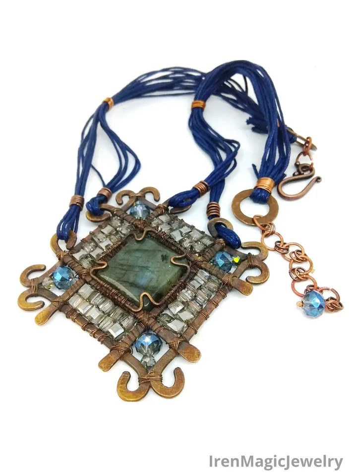 Boho Copper Labradorite Wire Wrap Necklace, Vintage Look