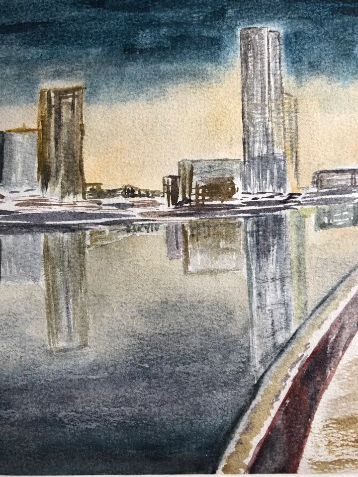 Night city cityscape wall art hand painted modern watercolour painting