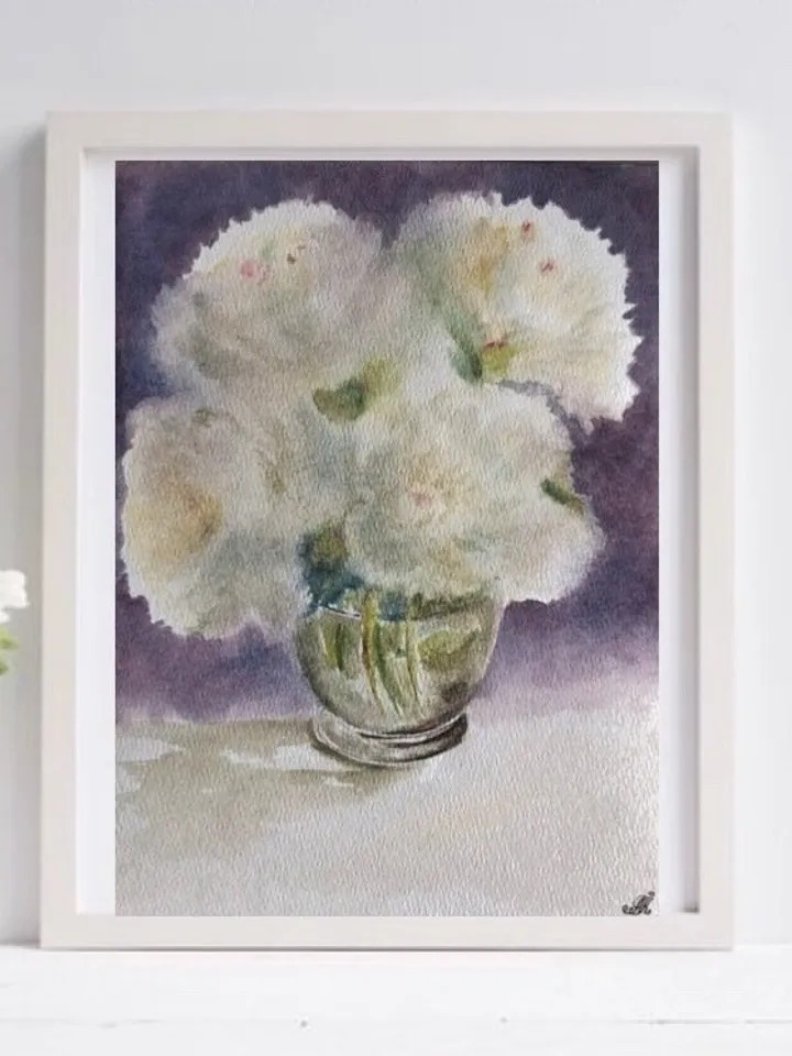 White pionies in vase wall art hand painted modern watercolour painting