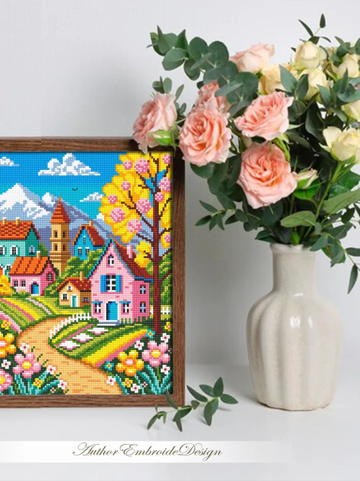 Spring houses cross stitch pattern PDF download Nature landscape cross stitch chart, Flower village pattern digital PDF, Home decor #L18