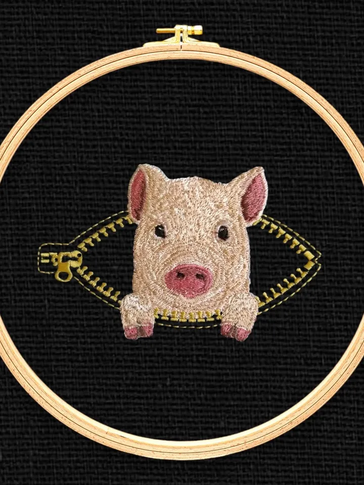Mini pig in a zipper pocket Miniature realistic machine embroidery design Pet design piglet realistic pattern pig embroidery motif
