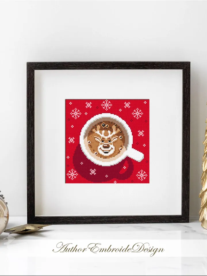 Christmas coffee cross stitch pattern PDF download Christmas cross stitch chart, Cup of latte cappuccino coffee with deer cross stitch #N149