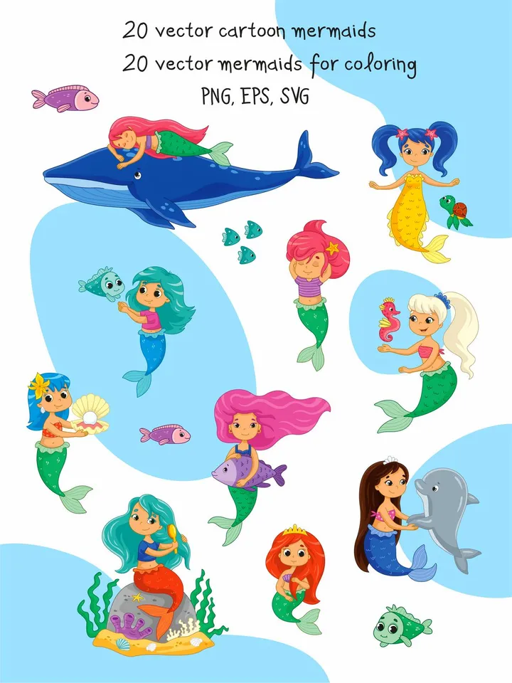 Vector set with cute mermaids
