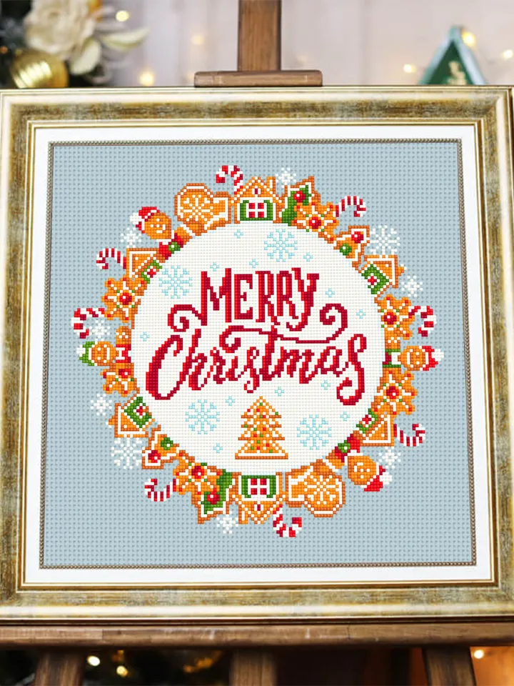 Merry Christmas cross stitch pattern download PDF Gingerbread wreath cross stitch chart Christmas pattern digital DIY Christmas decor #N23
