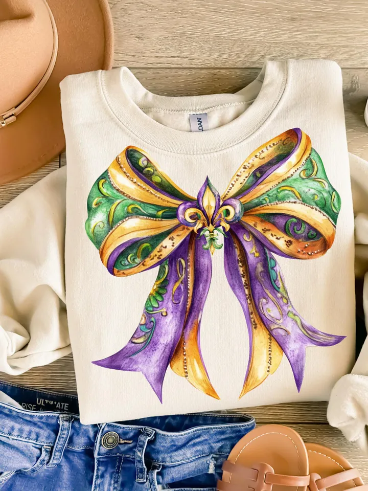 Mardi Gras Coquette Bow PNG, Mardi Gras Png, Fleur De Lis Png, Glitter, Mardi Gras Coquette Png, King Cake Png, Louisiana Crawfish Png