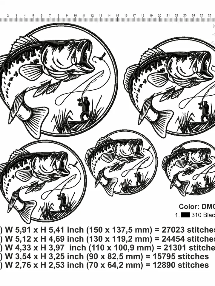 Bass fishing embroidery file instant download Fish machine embroidery pattern 5 size, Monochrome fish embroidery design, Fishing gift #R27