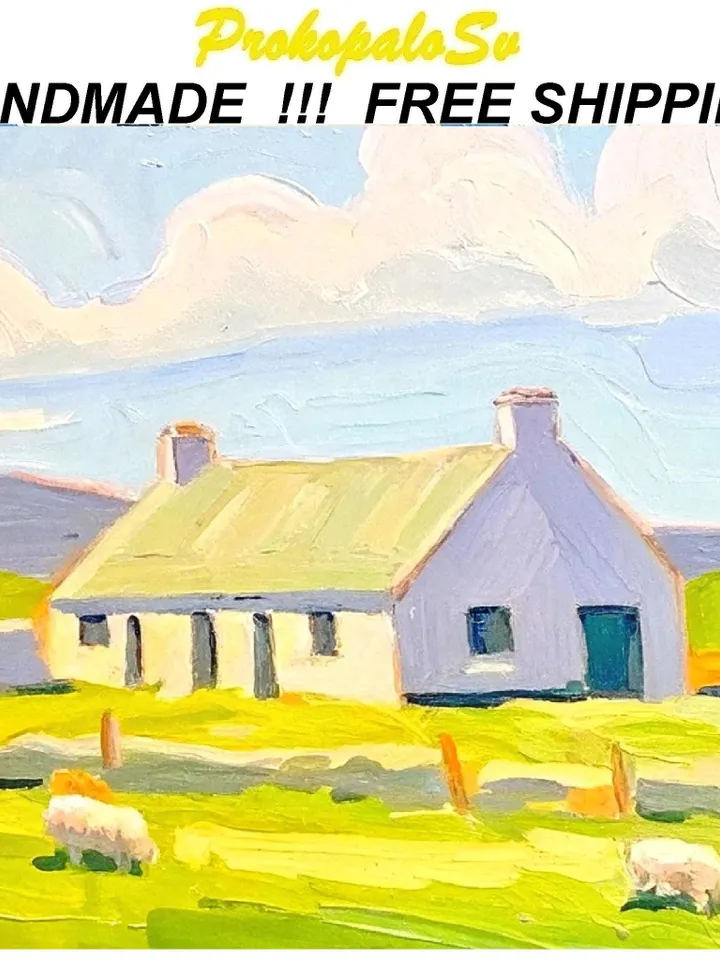Ireland Painting Irish Cottage Original Art Sheeps Painting Landscape Impasto Oil Painting Farm Impressionist Art Gift by ArtProkopaloSv
