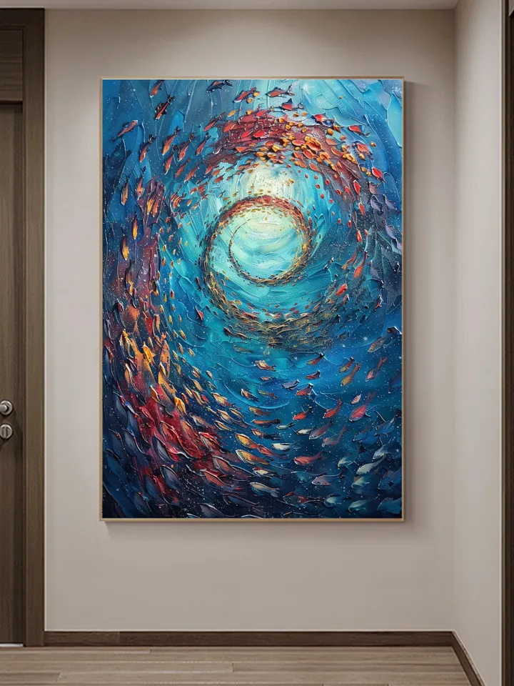 Original School of Fish Oil Painting On Canvas, Abstract Blue Underwater World Art, Ocean Painting, Custom Painting, Living Room Wall Art