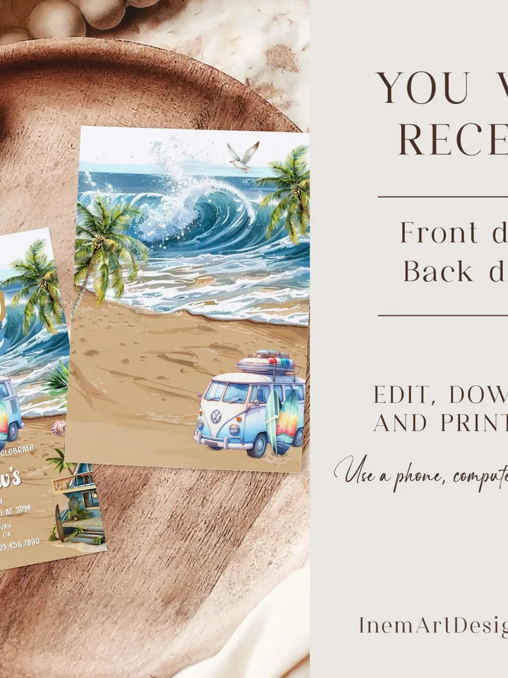 The Big One Surfing Invitation, Retro Boy Surf Surfboard, Editable Beach Pool Party Invite, Summer 1st Birthday, Printable Canva Template