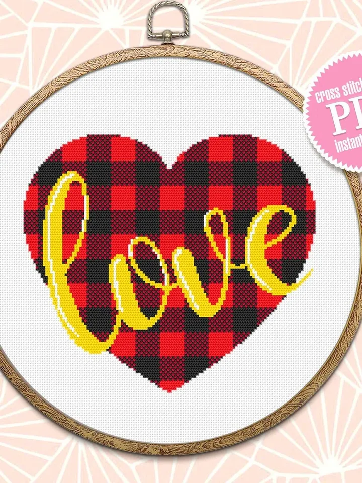 Heart buffalo plaid cross stitch pattern download PDF, Valentine's day cross stitch chart, Love quotes beginner stitch, Heart embroidery #V1