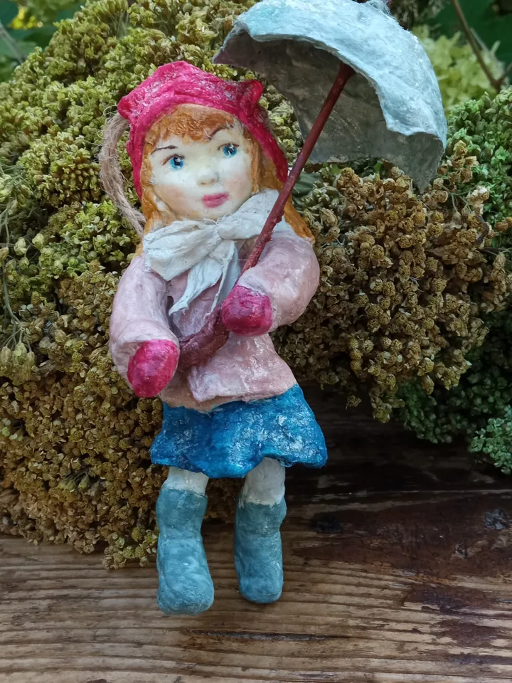 Vintage-Inspired Cotton Toy: Girl with Umbrella - Handmade Collectible. Art doll. Christmas tree toy. Christmas ornaments Spun cotton doll.