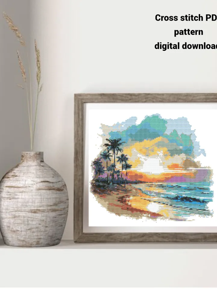 Tropical beach cross stitch PDF pattern, Watercolor landscape embroidery design, Instant download