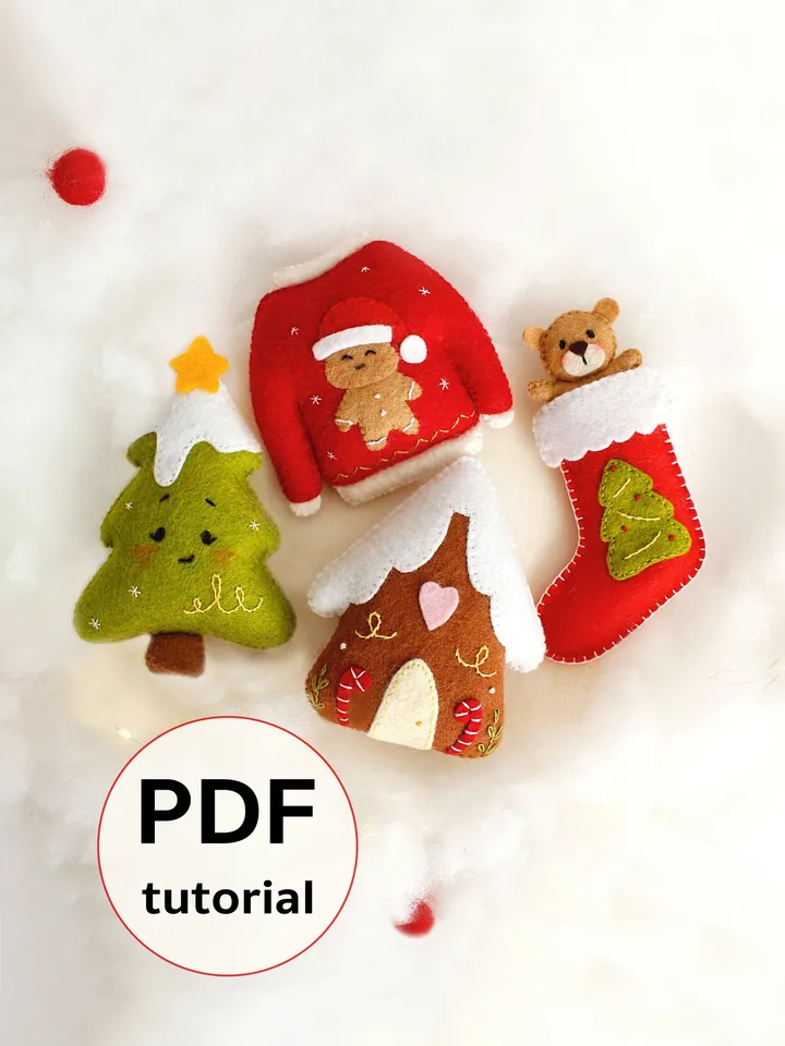 Felt Christmas tree garland hand sewing PDF tutorial with patterns. DIY Christmas tree ornaments. Soft toy pattern