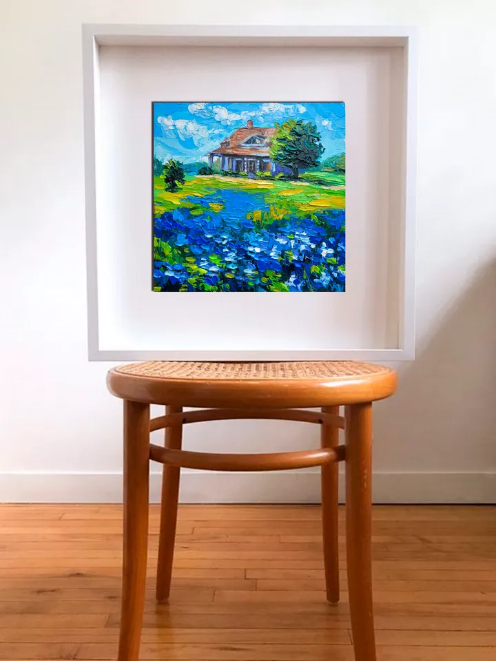 Texas Bluebonnet Painting Old Barn Painting Original Impasto Oil Painting 8x8 Texas Wildflower Countryside Painting Farm Wall Art Home Decor