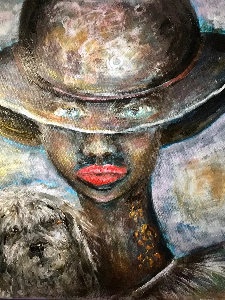 Fantasy woman in a hat with a small dog painting,original acrylic painting on canvas,home decoration wall art, unique gift.