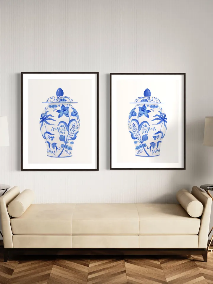 Blue Chinoiserie Vase Set Of 2 Wall Art, Ginger Jar Wall Art, Blue And White, Chinoiserie Chic, Vintage Art Print, Vase Still Life