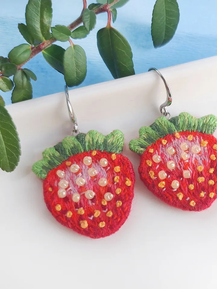 Strawberry Earrings Hand Embroidered, Sweet Strawberry Earrings, Birthday gift, Stylish accessory, Boho design
