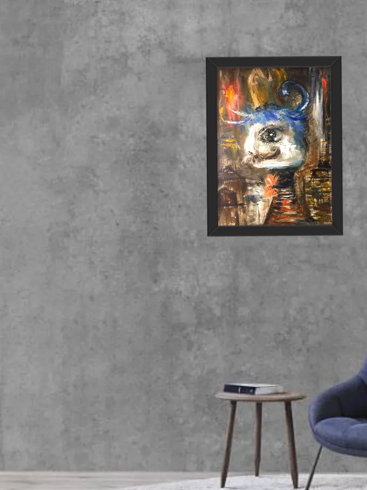Funny cat painting,abstract animal painting,original oil painting on canvas board.