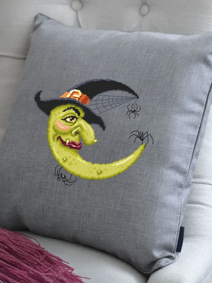 Crescent moon witch cross stitch pattern download PDF, Halloween moon cross stitch chart, Magic witch hat cross stitch Halloween spider #H43