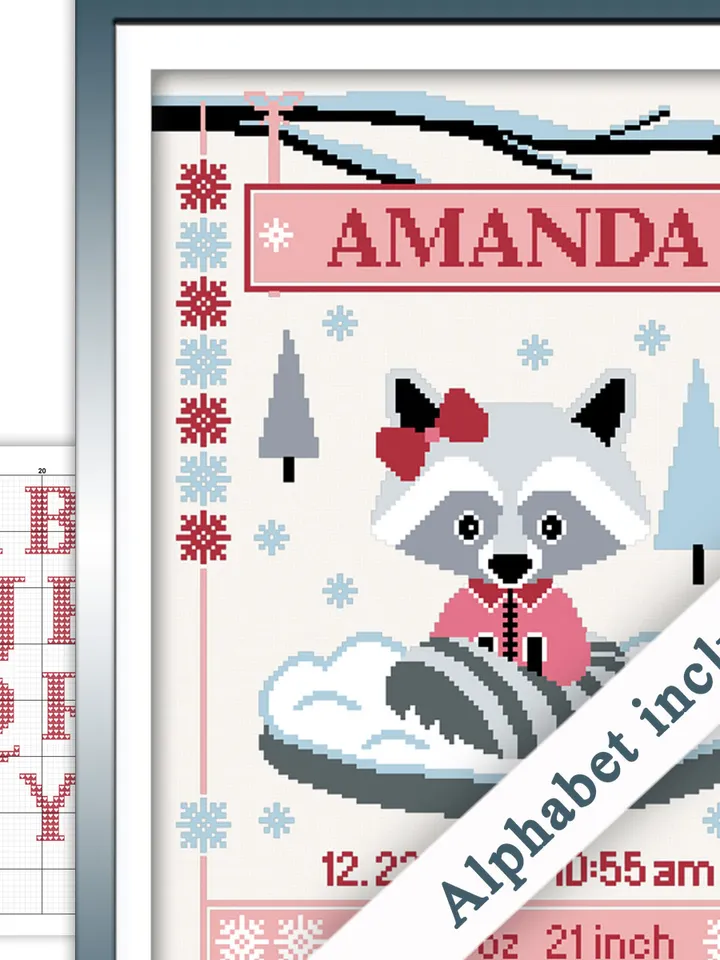 Baby Birth Announcement. Little Raccoon Cross Stitch Pattern. Animal Cross Stitch Chart. DIY. Customizable New Baby.