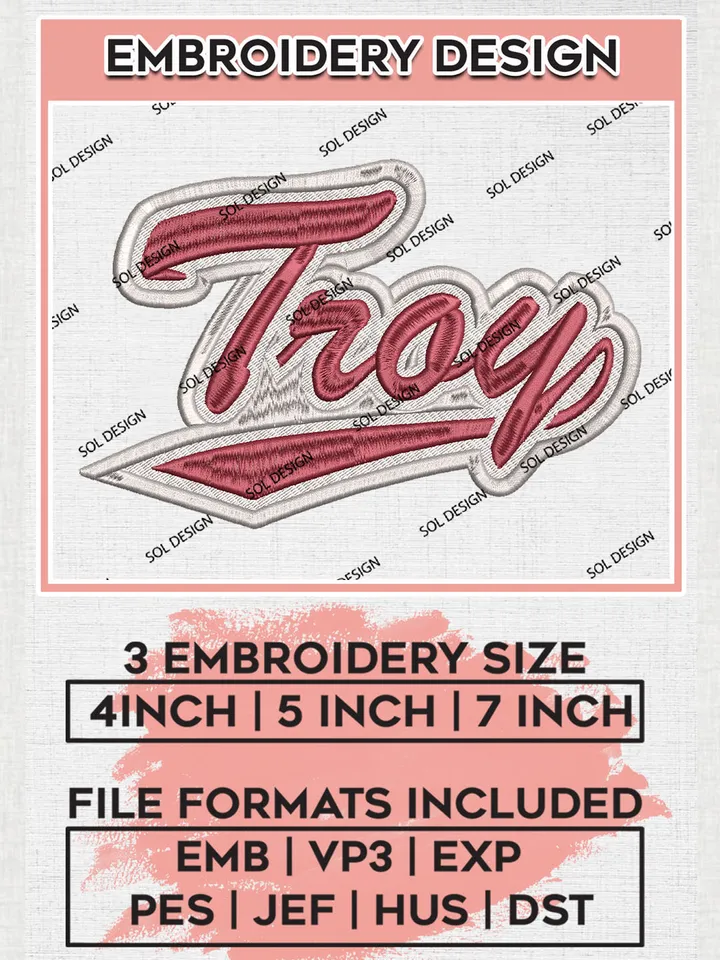 NCAA Troy Team Wordmark Logo Embroidery Design Files, NCAA Troy Trojans Machine Embroidery, NCAA Teams, Game Day, 3 sizes, NCAA Machine embroidery designs, Digital Download