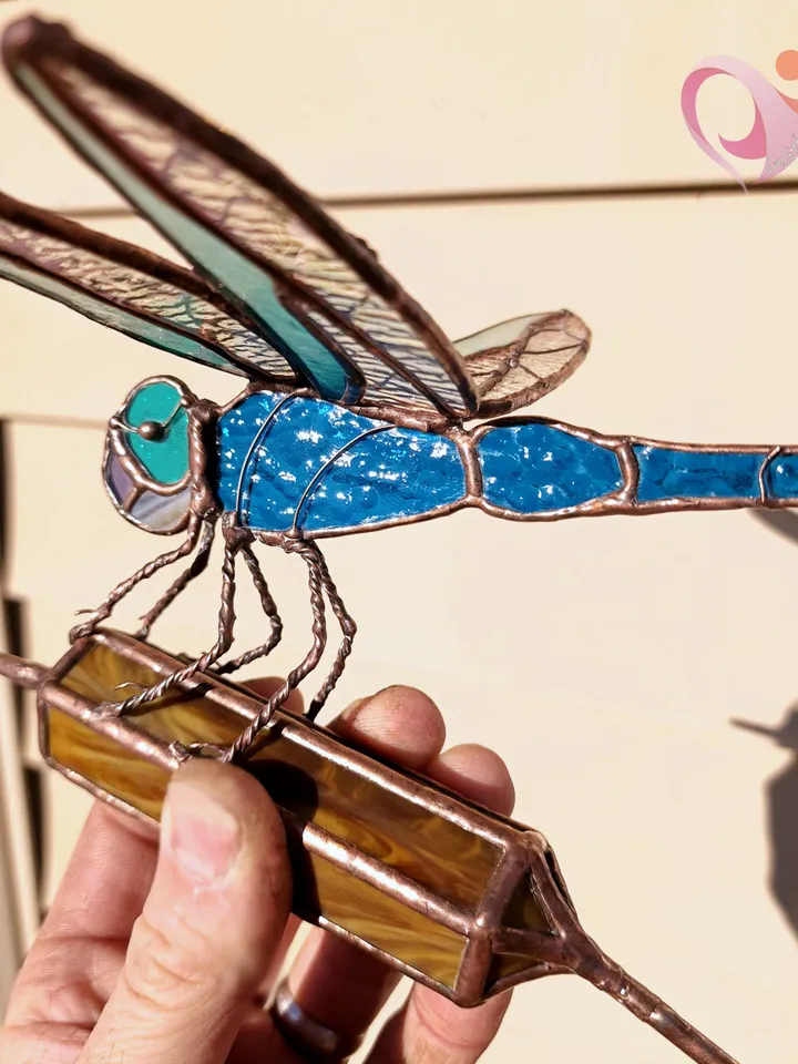 3D Stained Glass Dragonfly Mounted on Cattail Tabletop Sculpture Unique Luxury Gift Realistic Glassworks Antique Feel Contemporary Folk Art