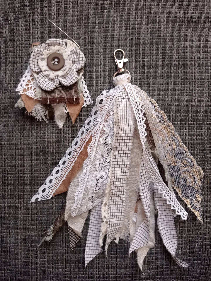 Brooch and keychain made of ribbons and boho fabric set
