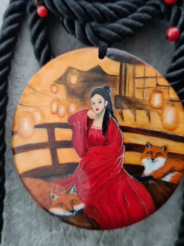 Kitsune necklace real oil painting miniature on jasper One of a kind Present OOA