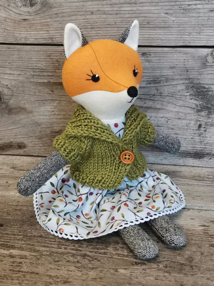 Orange fox girl, handmade stuffed wool doll, textile plush fox, fabric animal doll