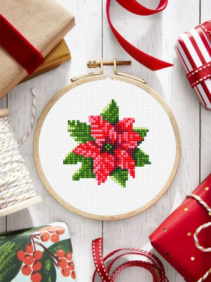 Small Christmas poinsettia cross stitch pattern download PDF Mini cross stitch chart, Christmas pattern digital PDF, Poinsettia xstitch #N5
