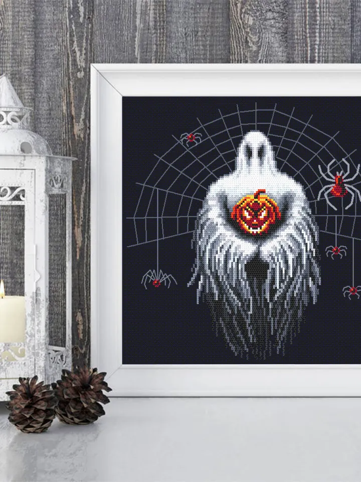 Gothic Halloween cross stitch pattern download PDF, Spooky ghost cross stitch chart, Halloween spider cross stitch, Scary halloween #H40