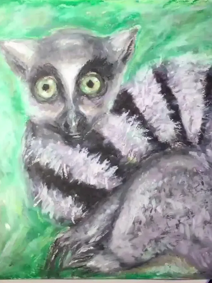 Lemur oil pastel painting,original animals painting,funny animals wall art,kids room decoration,lemur paintings gifts,affordable artwork.